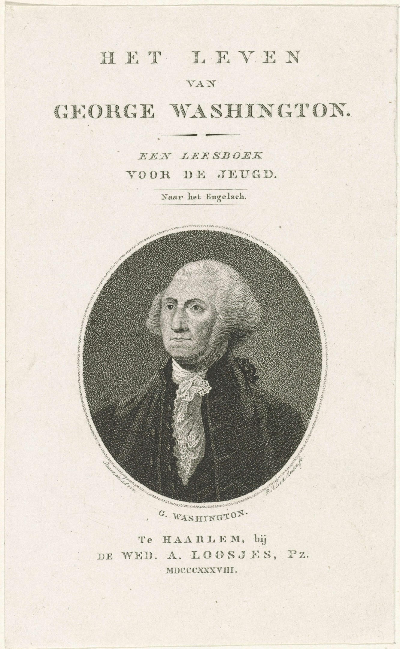 Porträt von George Washington auf Papier mit Text, frontal mit ernstem Gesichtsausdruck, Anzug und Krawatte tragend.