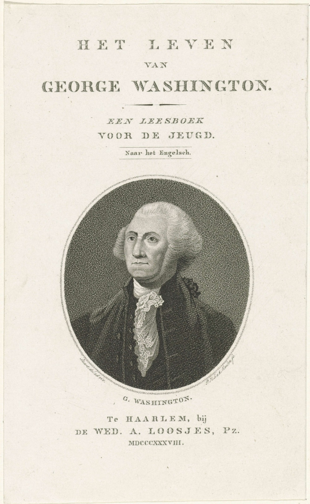 Porträt von George Washington auf Papier mit Text, frontal mit ernstem Gesichtsausdruck, Anzug und Krawatte tragend.