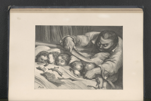 Eine Schwarz-Weiß-Zeichnung eines Mannes mit ernstem Gesichtsausdruck, der ein Messer in einer Hand hält und in der anderen eine Gruppe neugieriger Kinder auf einem Bett liegen sieht.