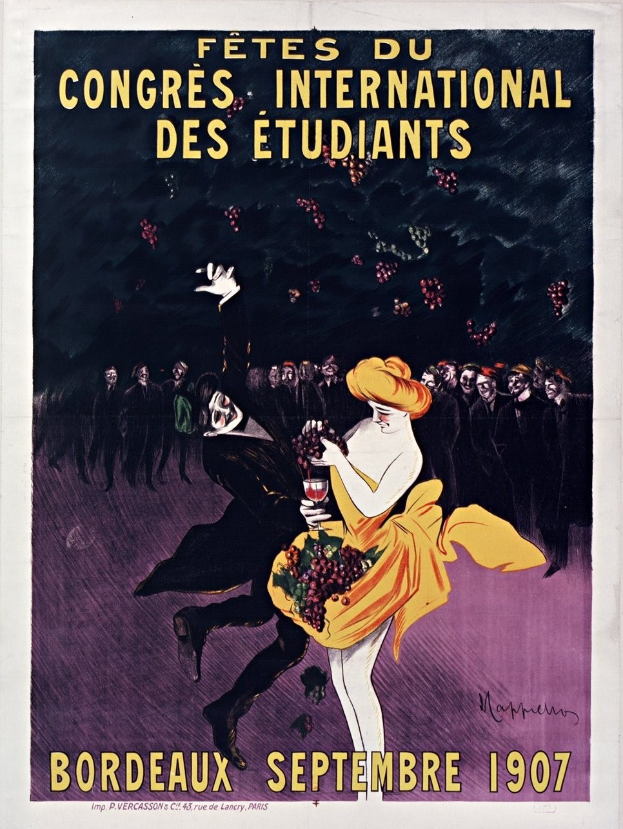 Plakat für eine Weinprobe in Bordeaux im Jahr 1907 mit einer Frau in gelbem Kleid, die ein Weinglas hält, umgeben von einer Menge, mit Text auf dem Plakat.