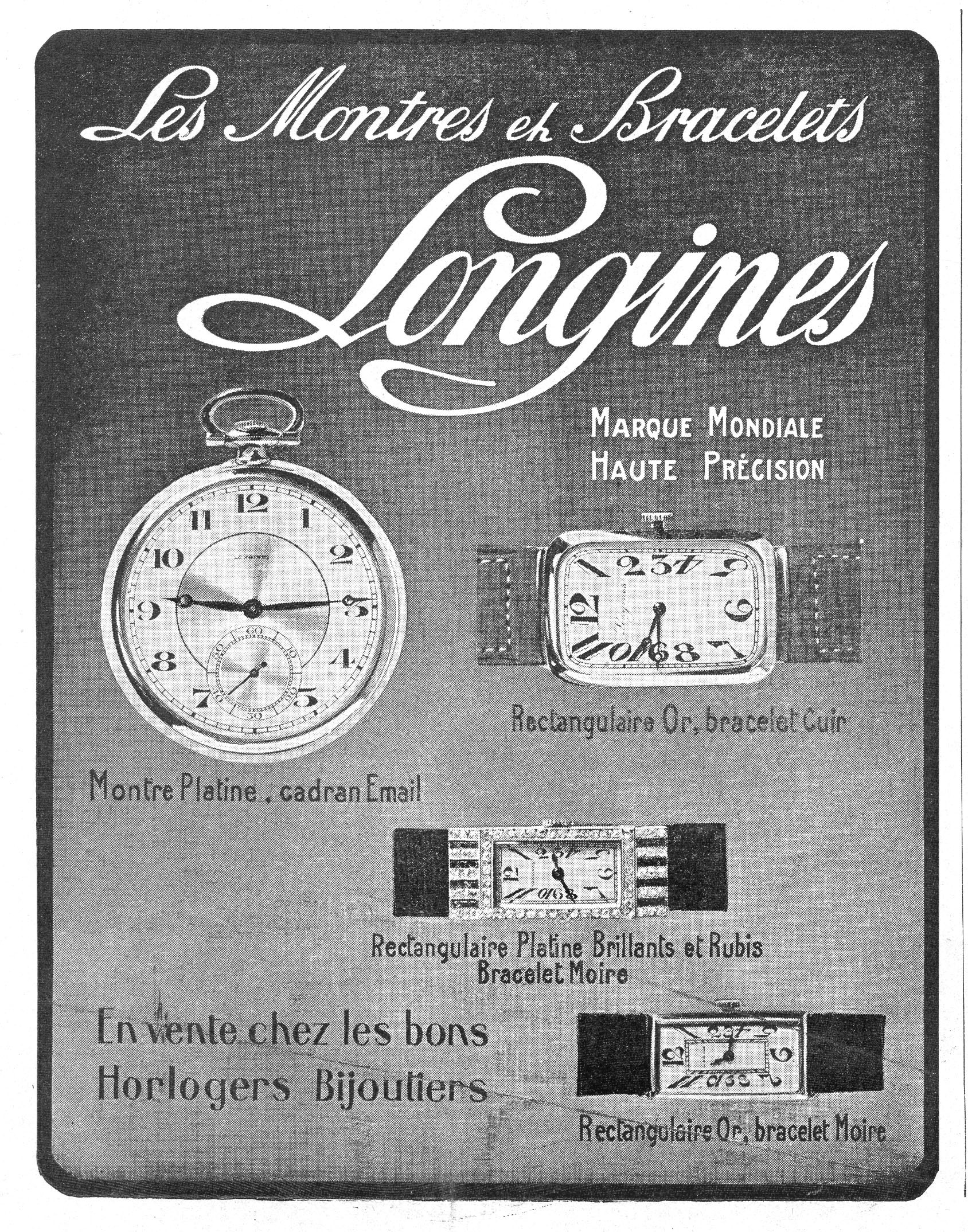 Vintage-Werbetafel für Longines-Uhren aus den 1920er-Jahren mit gedämpften blauen und grauen Tönen, klassischer Typografie und detaillierten Abbildungen der Uhren.