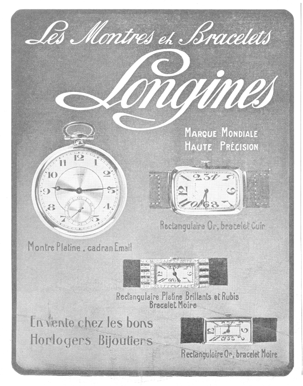Vintage-Werbetafel für Longines-Uhren aus den 1920er-Jahren mit gedämpften blauen und grauen Tönen, klassischer Typografie und detaillierten Abbildungen der Uhren.