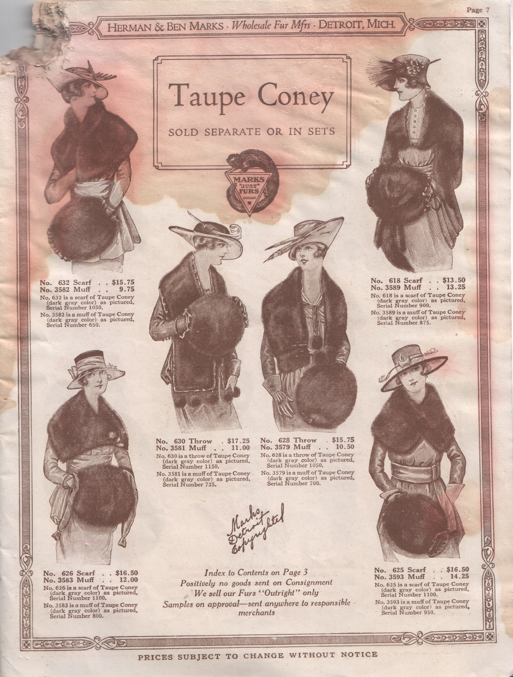 Papier mit Bildern von Frauen in Hüten und Schals, begleitet von Text, der "Taupe Coney - Separate oder im Set verkauft" lautet.