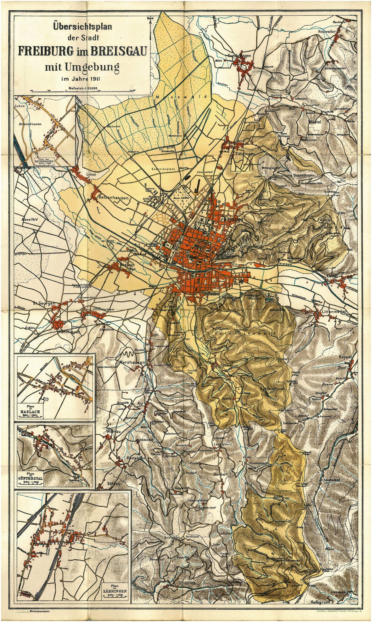 Alte detaillierte Karte von Freiburg, Deutschland, mit Straßen, Gebäuden und Sehenswürdigkeiten, mit Text oben und unten.