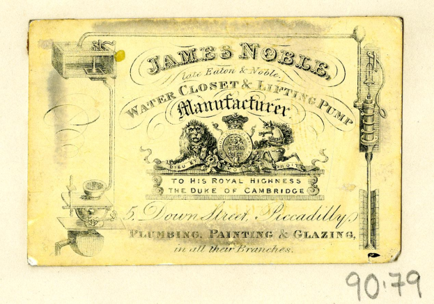 Visitenkarte für James Noble Wasser-Klosett & Hebe-Pumpen-Hersteller mit beschreibendem Text über das Produkt.