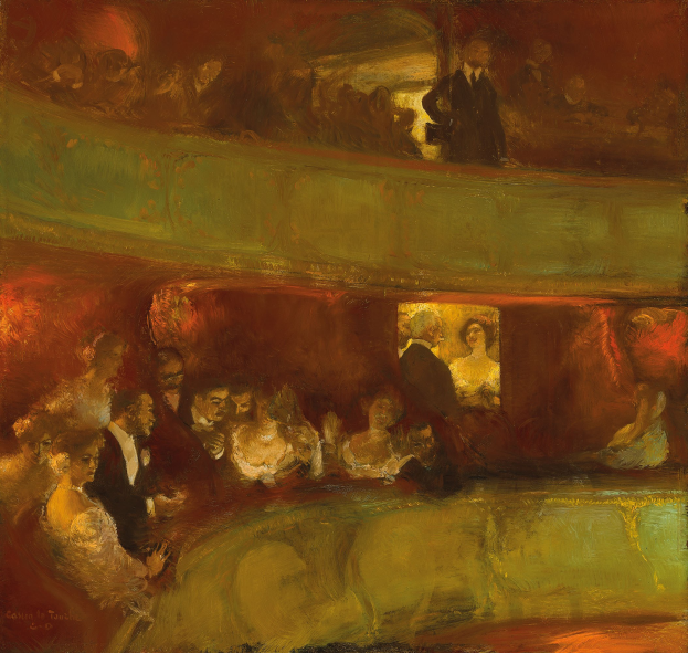 Gemälde einer lebendigen TheaterSzene mit Menschen in Abendgarderobe, einige stehen, einige sitzen, unter heller Beleuchtung auf neutralfarbenen Wänden.