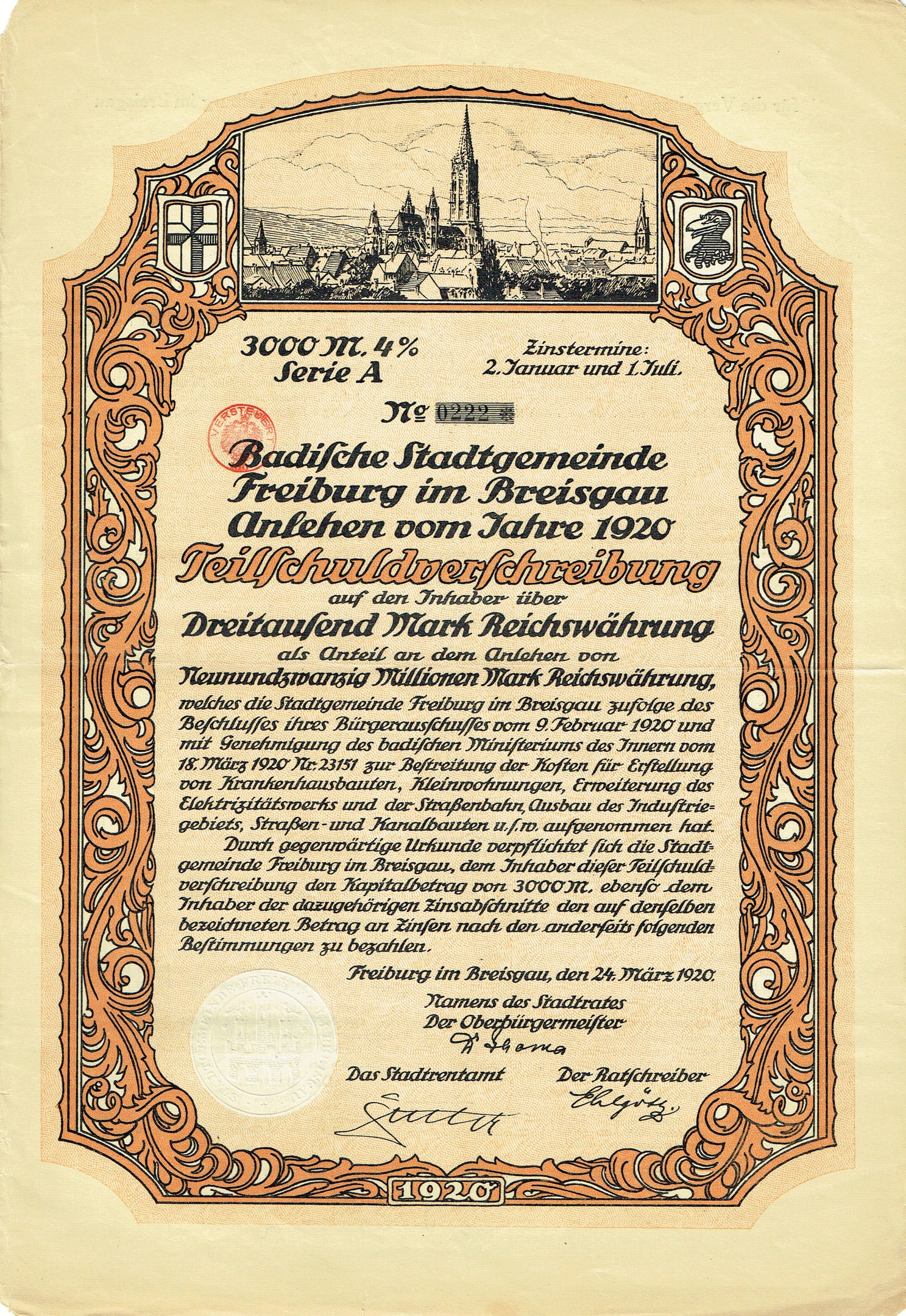 Altes deutsches Aktienzertifikat mit einer Abbildung einer Stadt und bedrucktem Text, der wahrscheinlich seinen Ursprung oder seinen Wert beschreibt.