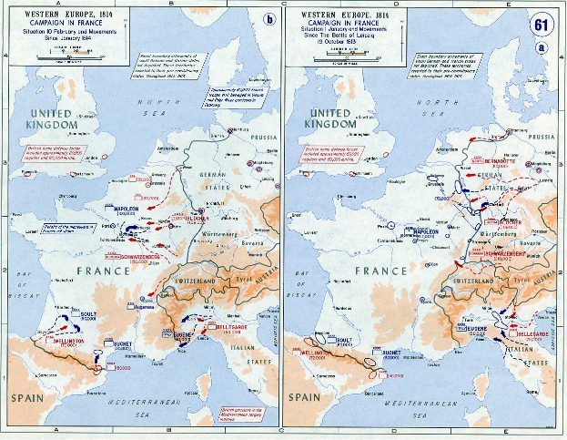 Ein historisches Plakat, das eine detaillierte Karte von Europa während der Schlacht von Leipzig zeigt, unterteilt in Regionen mit Text und Zahlen zur Konfliktausdehnung.