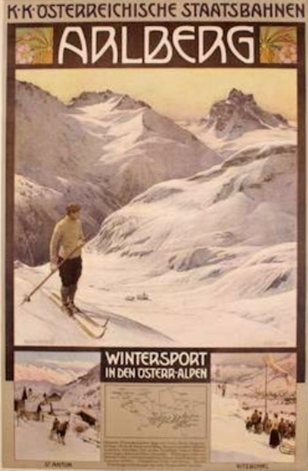 Eine Person auf Skiern umgeben von Bildern von Menschen und Bergen, mit Text auf einem Wintersporterposter in den österreichischen Alpen.