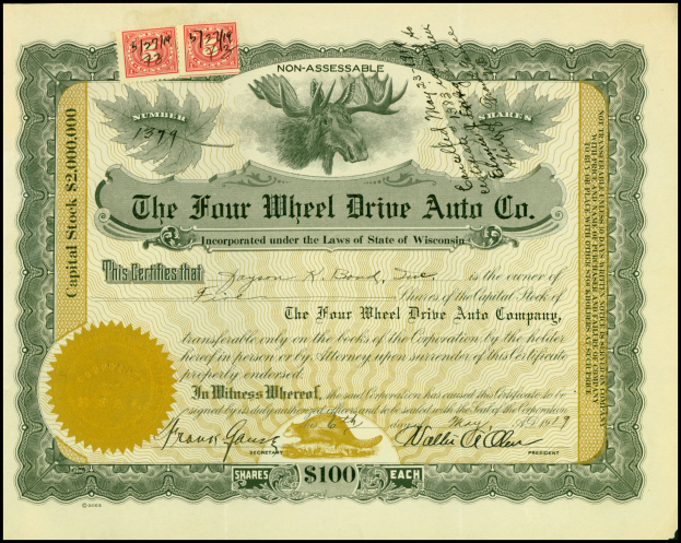 Rahmenerlagertes Aktienzertifikat für Four Wheel Drive Auto Co. mit goldenem Siegel, Text, numerischen Werten und mehrfarbigen Stempeln.