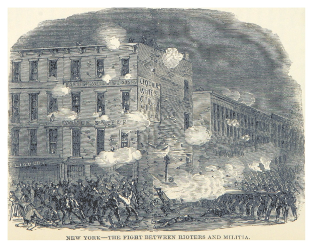 Ein Plakat, das eine gewalttätige Konfrontation zwischen Randalierern und Miliz in New York City zeigt, mit Menschen auf dem Boden, die Waffen halten, Gebäuden im Hintergrund und Rauch, der aus den Gebäuden aufsteigt.
