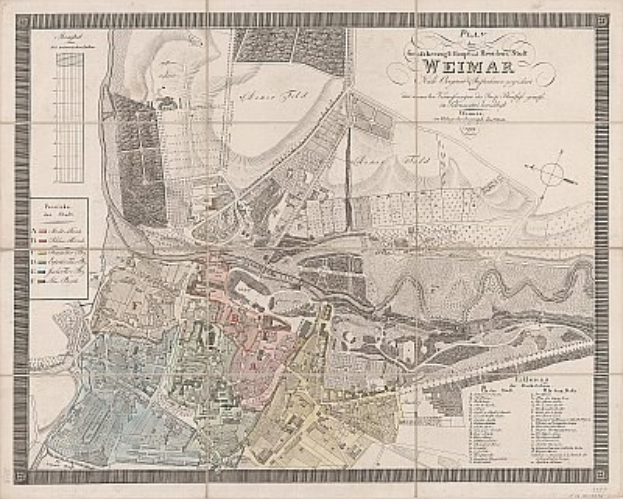 Detailierte alte Karte von Weimar, Deutschland, zeigt Straßen, Gebäude und Sehenswürdigkeiten mit beschreibendem Text.
