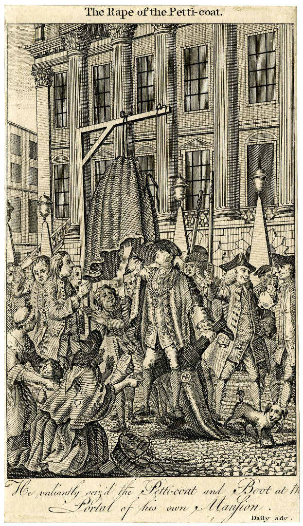 Ein Plakat, das eine Gruppe von besorgten Menschen, einen Hund im Vordergrund und ein großes Gebäude mit Fenstern zeigt, mit der Aufschrift "Die Vergewaltigung des Petit-Coat" unten.