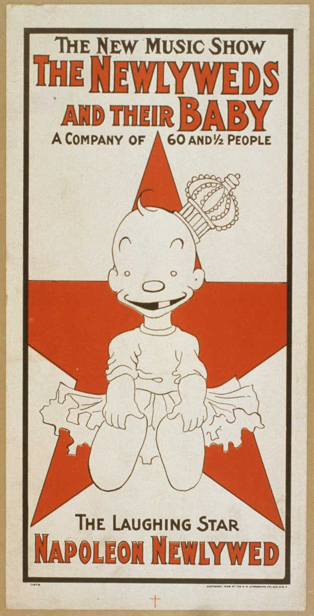 Plakat für "The New Music Show: Die Neuvermählten und ihr Baby" mit einer Cartoon-Baby in einem weißen Strampler mit pinker Schleife, das gegen einen hellblauen Hintergrund mit verstreuten Sternen und fetter schwarzer Schrift lächelt.