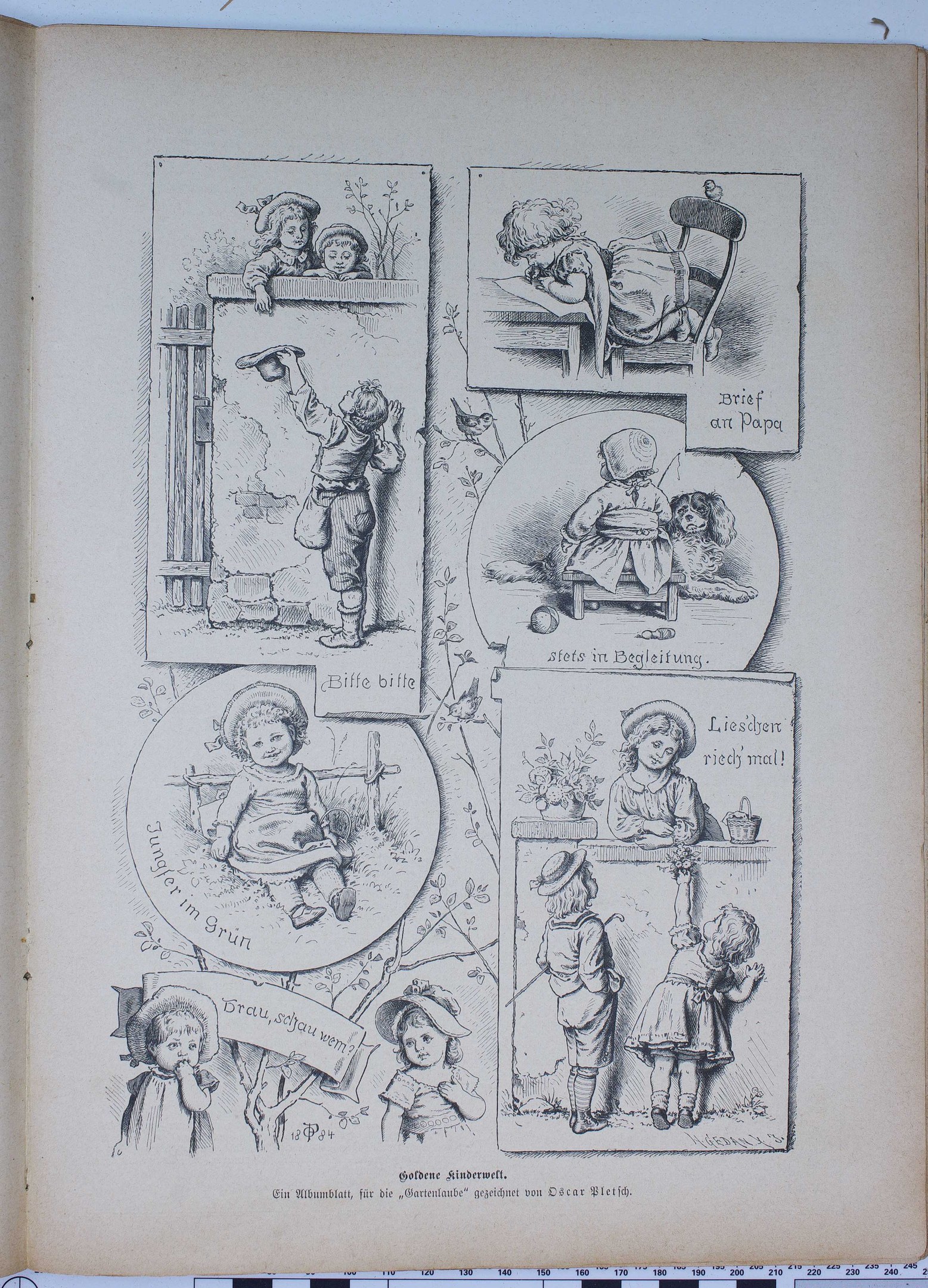 Offenes Buch mit einer Zeichnung von Kindern, die in einem üppigen Garten spielen, mit Text und Illustrationen.