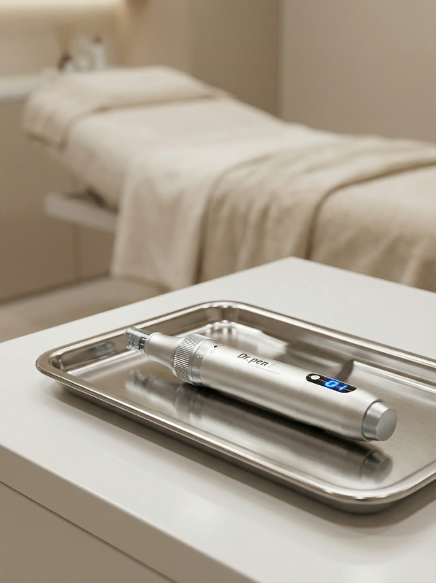 Professionelles Microneedling-Equipment auf einem sterilen Tablett in einem modernen Kosmetikstudio.