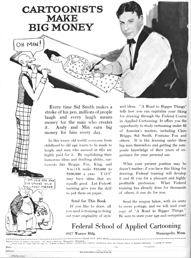 Werbung für die Bundesakademie für angewendete Karikatur mit einem Mann im Smoking, der zwischen einer Frau im Kleid und einem anderen Mann steht, mit der Aufschrift "Karikaturisten verdienen viel Geld."