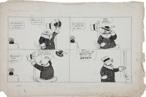 Schwarze und weiße Comicseite mit der Überschrift 'Richters Rummys Gericht', die einen Mann mit Zylinder und eine Frau in einem Kleid zeigt.