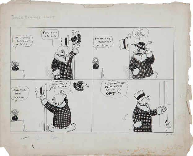 Schwarze und weiße Comicseite mit der Überschrift 'Richters Rummys Gericht', die einen Mann mit Zylinder und eine Frau in einem Kleid zeigt.