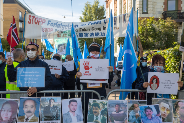 Eine Gruppe von Menschen mit Masken und Schildern und Plakaten steht vor einem Zaun mit Bildern und Texten, protestiert in Istanbul, Türkei, mit Gebäuden, Bäumen, Pflanzen und einem Laternenpfahl im Hintergrund.