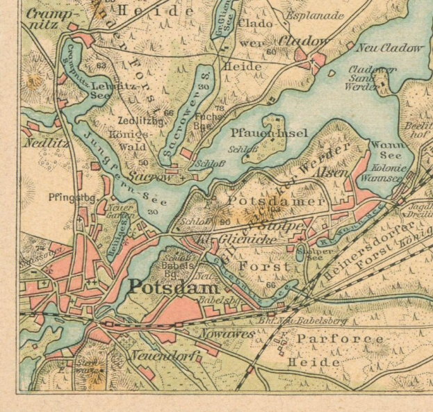 Schwarz-weiß detaillierte Karte von Potsdam, Deutschland, mit Textanmerkungen, die das Stadtlayout zeigen.
