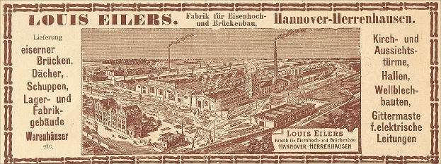 Eine alte Werbung für die Louis Eilers Hannover-Herrenhausen-Fabrik, die ein Fabrikgebäude mit überlagertem Text zeigt.