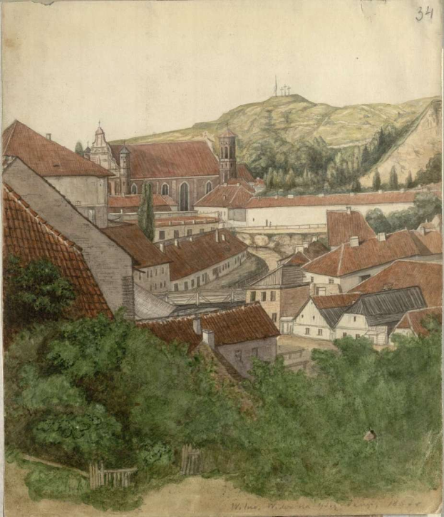 Gem"alde einer kleinen Stadt mit einer Kirche im Hintergrund, umgeben von B"umen, H"ugeln und einem klaren blauen Himmel, unterzeichnet mit "Wiesbaden, Deutschland, 1824" unten.