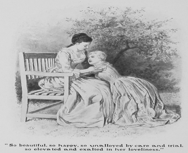 Eine Frau und ein Kind sitzen zusammen auf einer Bank unter einem Baum, mit Text unten, der ihre Freude beschreibt.