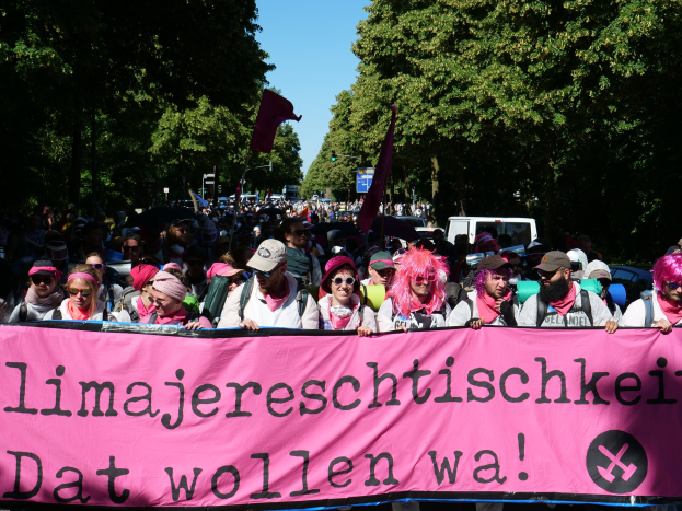 Eine Gruppe von Menschen marschiert mit einem pinken Banner, auf dem 'Frauenmarsch in Berlin' steht, durch die Straße, einige tragen Mötzen und Schutzbrillen, andere halten Fahnen, vor dem Hintergrund von Bäumen, Fahrzeugen und Himmel.