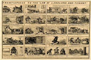 Cartoonartige Illustrationen von Menschen, Gebäuden und Gegenständen begleiten fett gedruckten Text auf einem Papier, das das Titelblatt des Mietrechts zeigt, eingerahmt von einem dekorativen Rand.