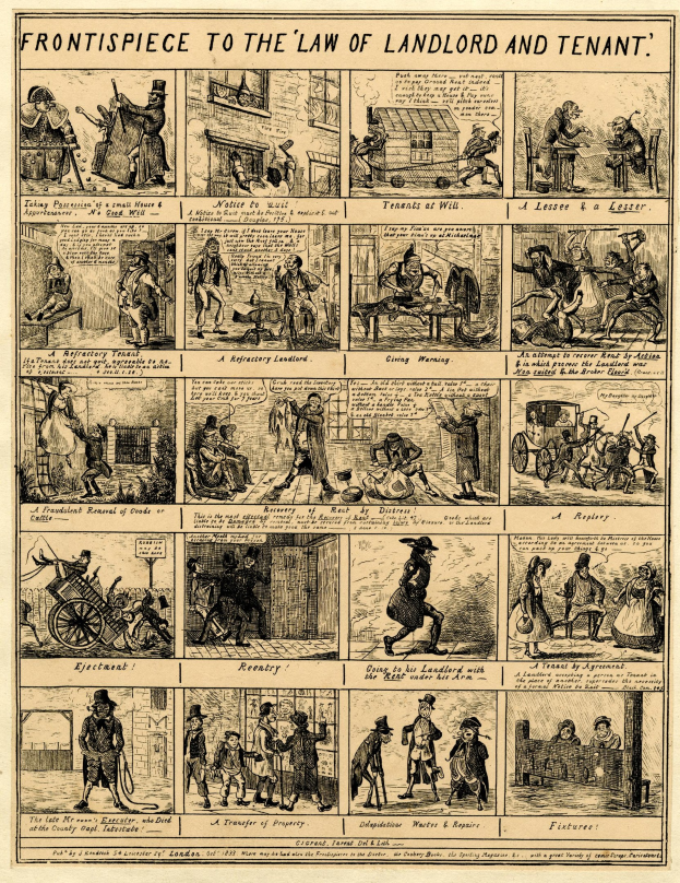 Cartoonartige Illustrationen von Menschen, Gebäuden und Gegenständen begleiten fett gedruckten Text auf einem Papier, das das Titelblatt des Mietrechts zeigt, eingerahmt von einem dekorativen Rand.