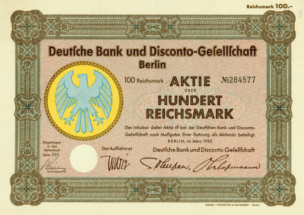 Alte deutsche Banknote mit einer Vogeldarstellung und Text 'Deutsche Bank und Disconto-Gesellschaf Berlin'.