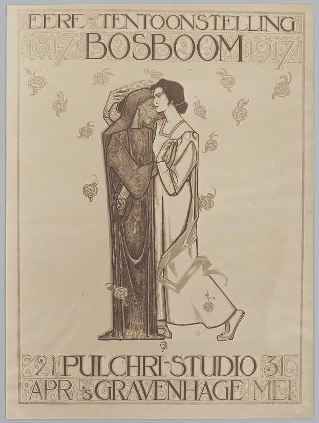 Ein Konzertplakat mit einem Mann im Anzug und einer Frau in einer Schürze, die nebeneinander stehen und beide ernst aussehen, wahrscheinlich über etwas Wichtiges diskutieren.