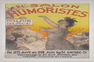 Plakat für den Salon des Humoristes in Paris mit einem Porträt einer Frau, umgeben von einer Menge, mit Veranstaltungstext