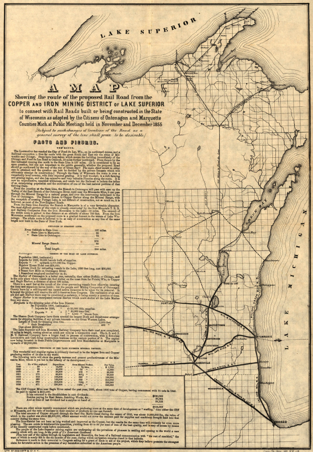 Eine alte Karte der Vereinigten Staaten, die das Kupfer- und Eisenerzbergbaugebiet des Lake Superior hervorhebt, mit detaillierten geografischen Merkmalen und beschrifteten Städten, Ortschaften und Gewässern.