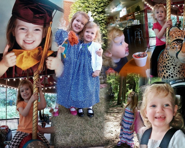 Collage mit lustigen Fahrten, Kindern, einem Tisch mit Lebensmitteln, Besteck, Lichtern, natürlichen Elementen und verschiedenen Gegenständen.
