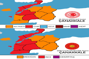 Eine Karte von Türkei, die in verschiedenen Farben die Prozentzahl der Menschen in jedem Gebiet zeigt, mit dem Text "Canakkale Wahlresultate 2018".