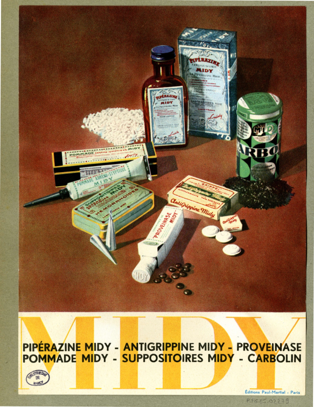 Plakat mit verschiedenen Medikamentenartikeln, einschließlich Flaschen und Schachteln, mit Text unten lesend "Piperazin Midy - Antigripine Midy Provence".