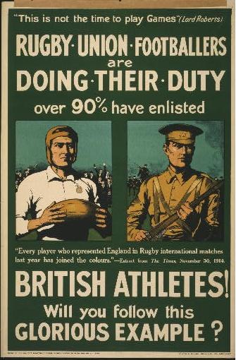 Britische Rugby-Union-Spieler in einem Plakat, das Athleten zur Einberufung ermutigt, mit Text, der Details über ihre Aufgaben enthält.