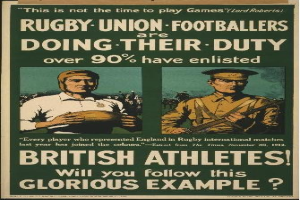 Britische Rugby-Union-Spieler in einem Plakat, das Athleten zur Einberufung ermutigt, mit Text, der Details über ihre Aufgaben enthält.