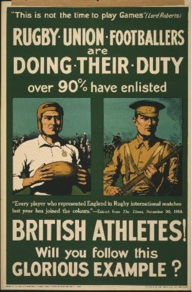 Britische Rugby-Union-Spieler in einem Plakat, das Athleten zur Einberufung ermutigt, mit Text, der Details über ihre Aufgaben enthält.