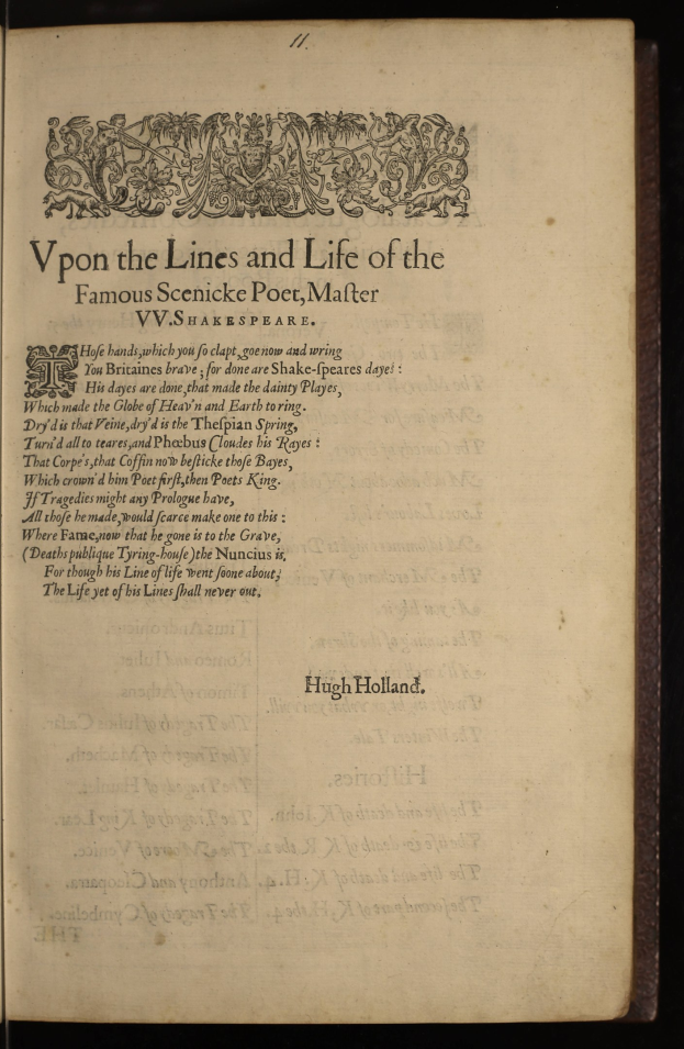 Offenes Buch mit dem Titel "Vpon the Lines and Life of the Famous Scenic Poet, Mater" auf der Seite gegen einen dunklen Hintergrund.