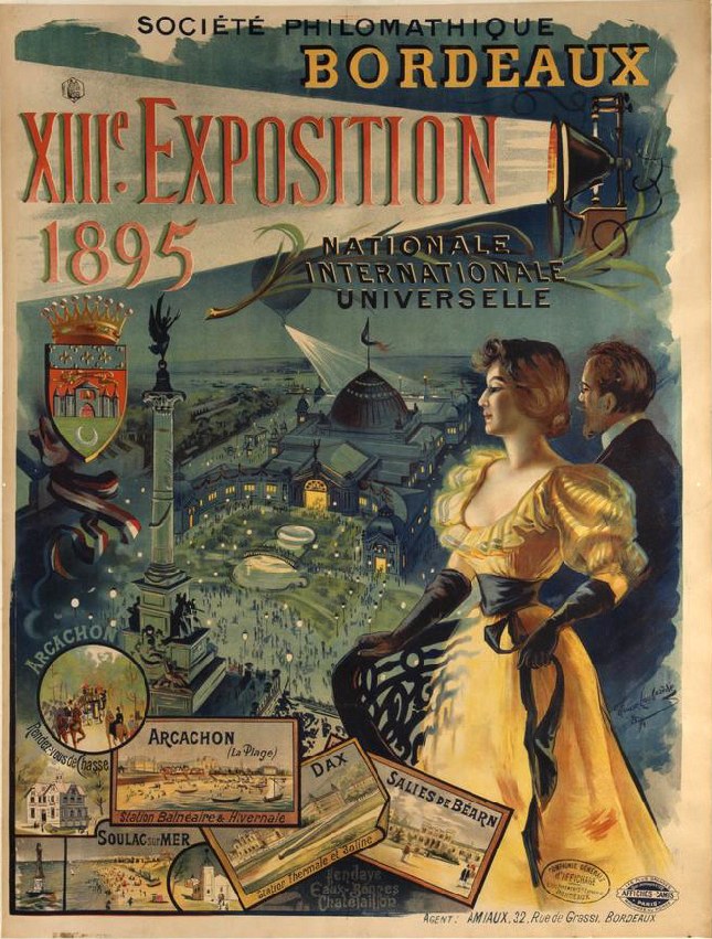 Plakat für die XXII Ausstellung in Bordeaux, Frankreich, mit einer Frau in einem langen Kleid und einem Mann in einem Anzug, die nebeneinander stehen, sowie Ereignistext.