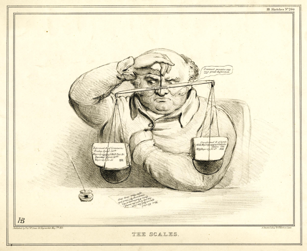 Ein Anwalt im Anzug sitzt an einem Tisch mit einer Waage vor sich und durchsucht Dokumente, die mit Text und Zahlen markiert sind.