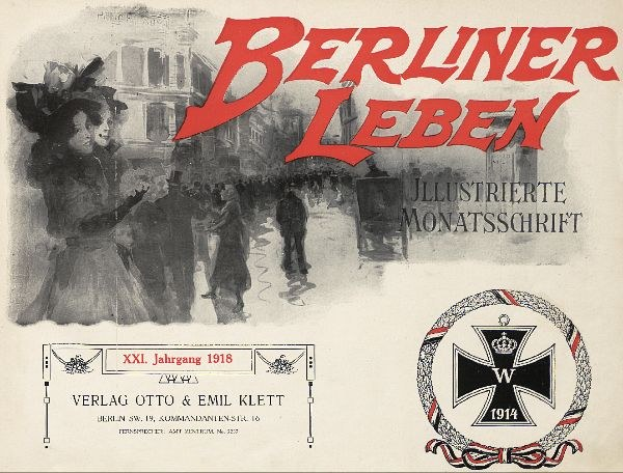Titelbild eines alten Buches namens "Berliner Leben" mit einer Gruppe von Menschen in einer feierlichen Umgebung und einem deutschlandmilitärisch-associated-Logo.