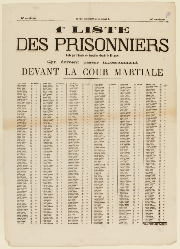 Ein vergilbtes, altes Zeitungsblatt mit einer Liste von Gefangenen in zwei Spalten, einer f├╝r die Gefangenennummern und einer f├╝r die Namen, in schwarzer Tinte gedruckt.