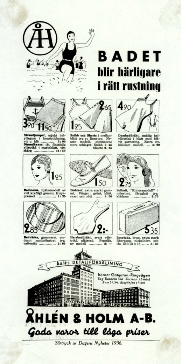 Eine Frau in einem wei├čen Bikini mit blauen und wei├čen Streifen posiert in einer Werbung, ihr Pferdeschwanz ist zurückgebunden, ihre Augen treffen den Blick des Betrachters, umgeben von Bildern von Menschen, Geb├Ąuden und fetter Schrift.