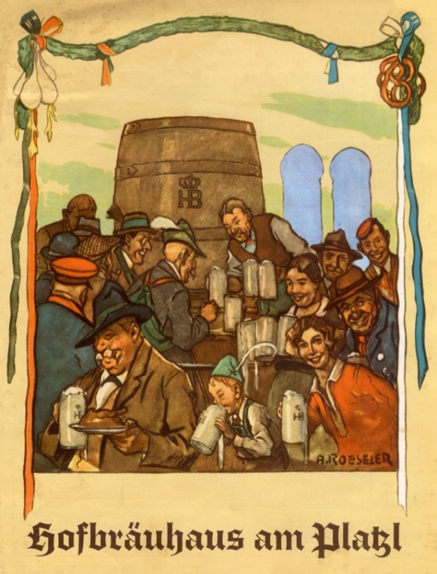 Plakat, das ein Bierfest in Deutschland ankündigt, mit Menschen, die Biergläser halten und einem Fass im Hintergrund, mit deutscher Schrift am unteren Rand.