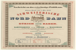 Plakat mit einem Zug in der Mitte auf einem hellgelben Hintergrund mit schwarz-weißem Karomuster und fetter schwarzer Schrift, die "Schweizerische Nordbahn in Baden, Germany" lautet, umgeben von einem dekorativen Rahmen.