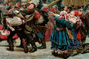 Gemälde, das eine lebhafte Gruppe von Menschen in traditioneller russischer Kleidung zeigt, die Gegenstände halten und vor einer Menge tanzen, mit einem hölzernen Haus im Hintergrund, das an eine Szene aus der russischen Revolution erinnert.